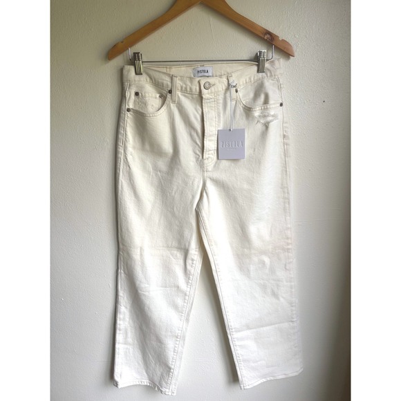 pistola Denim - Pistola Cassie Crop High Rise Straight Leg Jeans Sand Vintage Off White Size 29